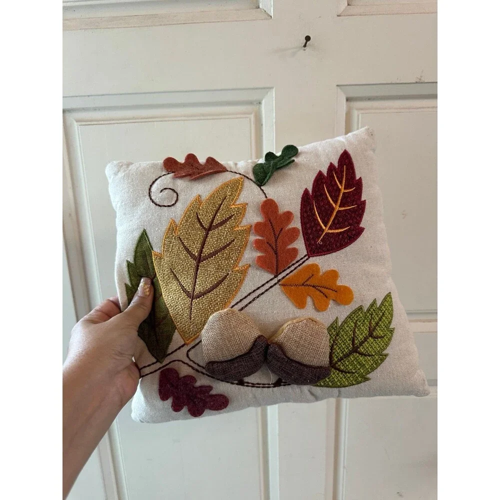 Pair Of Fall Harvest Pumpkin Embellished Embroidered Mix Media 3D Mini Pillows